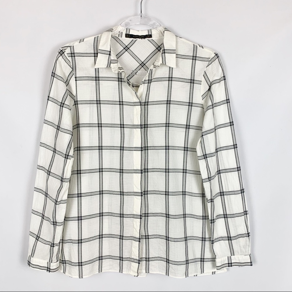 ZARA Lightweight White Black Button Down Shirt   S